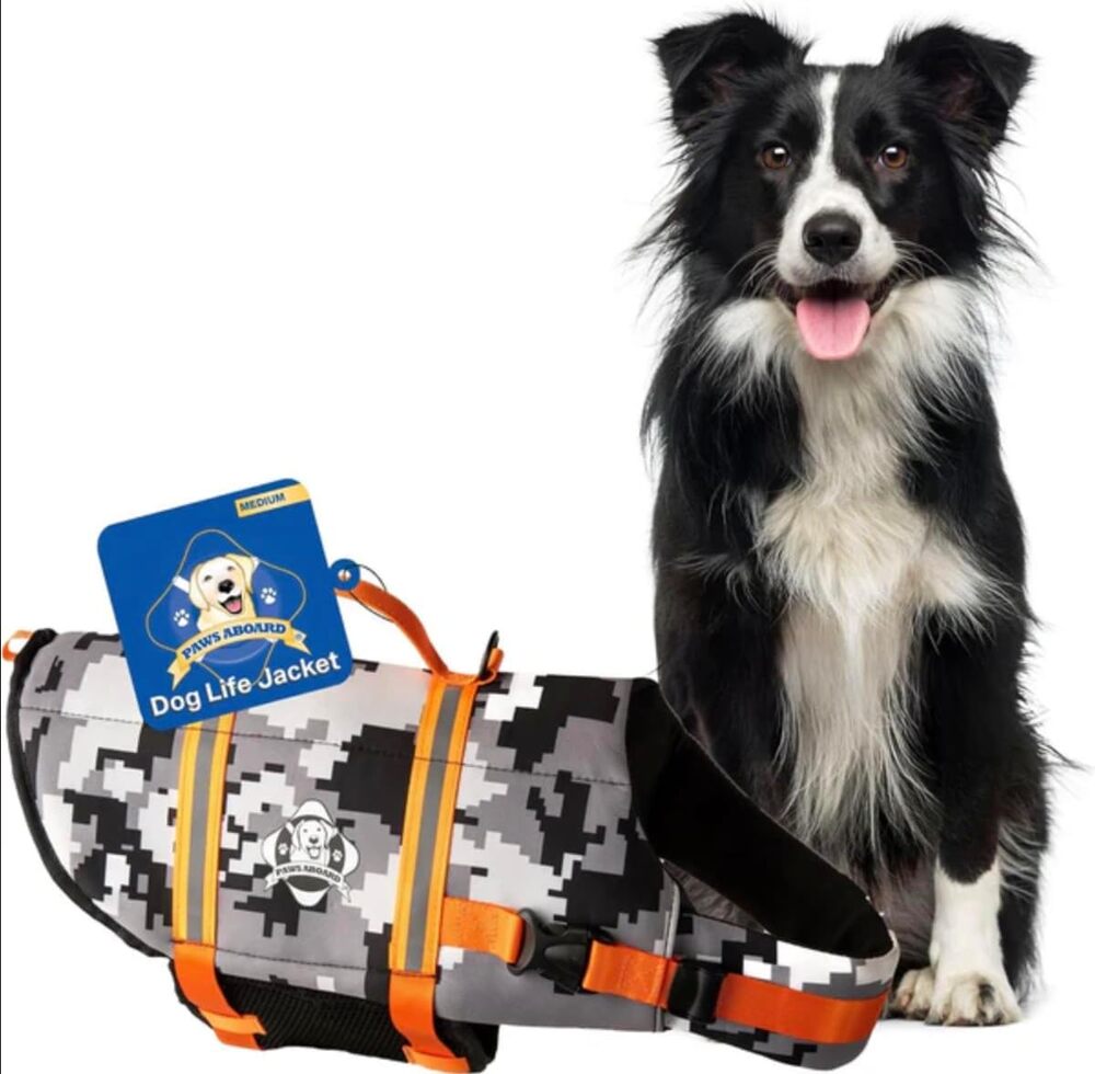 NWT PAWS ABOARD Doggy Neoprene Gray Camo Life Jacket | Medium